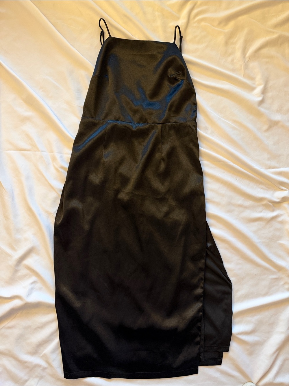 Lulu's Black Satin Midi Slip Skirt with Side Slit